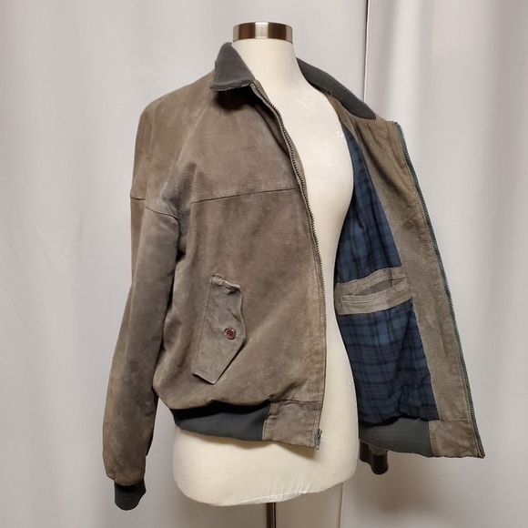 Vintage 90s y2k Gray Suede Leather Bomber Jacket The Fox Collection L - Picture 1 of 9